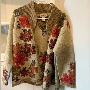 L.L. Bean Vintage Women's Cardigan - Red, Brown, Cream Leaf Design